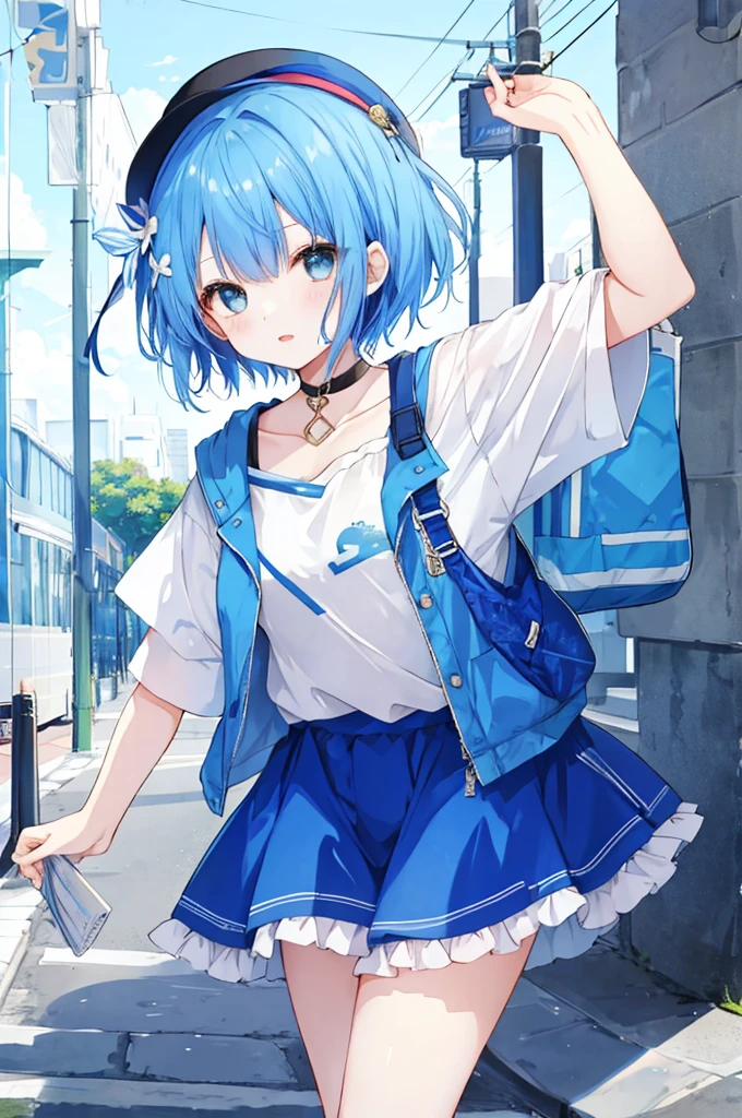 Girl、Blue hair short、Feminine fashion