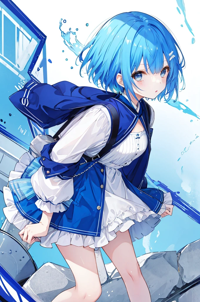 Girl、Blue hair short、Feminine fashion