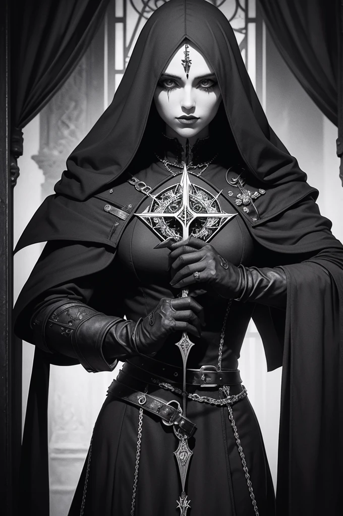 Create a black and white inquisitor tarot card in gothic design