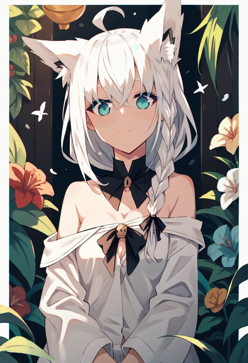 {{{shirakami_fubuki}}}, fox girl, white hair,braid, ahoge, animal ear fluff, aqua eyes, black ribbon, white shirt, off shoulder