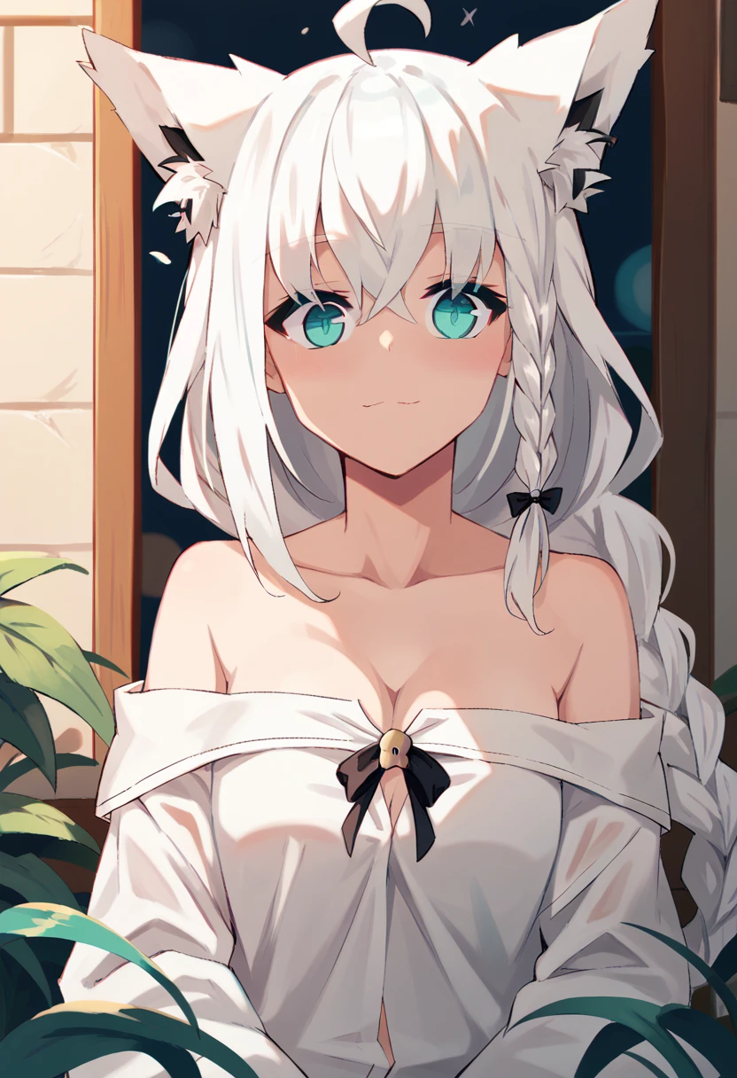 {{{shirakami_fubuki}}}, fox girl, white hair,braid, ahoge, animal ear fluff, aqua eyes, black ribbon, white shirt, off shoulder