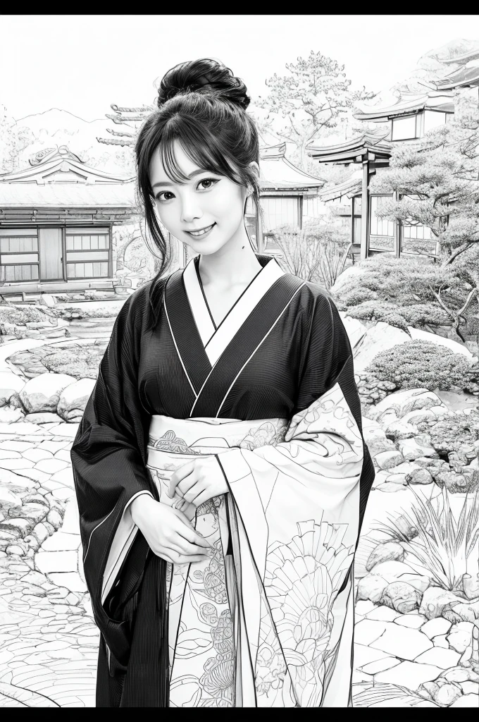 Please create a realistic ukiyo-e illustration of a cute, smiling woman in a kimono that conveys Japanese culture in various poses with (a Japanese garden in the background:1.5), using a simple black and white coloring book that even ren can do. The illustration is a illustration with detailed facial features and cartoon-style visuals, (high contrast, sketch, monochrome, clean line drawings for coloring book:1.5)