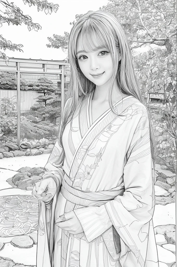 Please create a realistic ukiyo-e illustration of a cute, smiling woman in a kimono that conveys Japanese culture in various poses with (a Japanese garden in the background:1.5), using a simple black and white coloring book that even children can do. The illustration is a illustration with detailed facial features and cartoon-style visuals, (high contrast, sketch, monochrome, clean line drawings for coloring book:1.5)