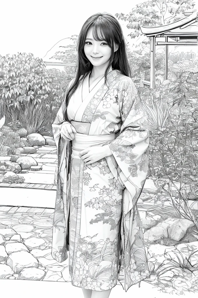 Please create a realistic ukiyo-e illustration of a cute, smiling woman in a kimono that conveys Japanese culture in various poses with (a Japanese garden in the background:1.5), using a simple black and white coloring book that even children can do. The illustration is a illustration with detailed facial features and cartoon-style visuals, (high contrast, sketch, monochrome, clean line drawings for coloring book:1.5)