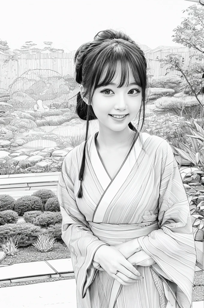 Please create a realistic ukiyo-e illustration of a cute, smiling woman in a kimono that conveys Japanese culture in various poses with (a Japanese garden in the background:1.5), using a simple black and white coloring book that even children can do. The illustration is a illustration with detailed facial features and cartoon-style visuals, (high contrast, sketch, monochrome, clean line drawings for coloring book:1.5)