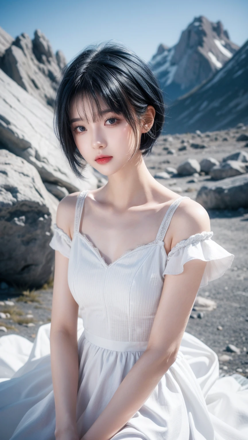 best quality, 1 Girl, dark blue hair, black eyes, Very short hair, Spiky hair, wears sweet white dress luxury，A cropped dress, 171 cm, Messy hair, Hair between the eyes, Tomboy, aldult, 20 years old, A sweet girl by the mountain