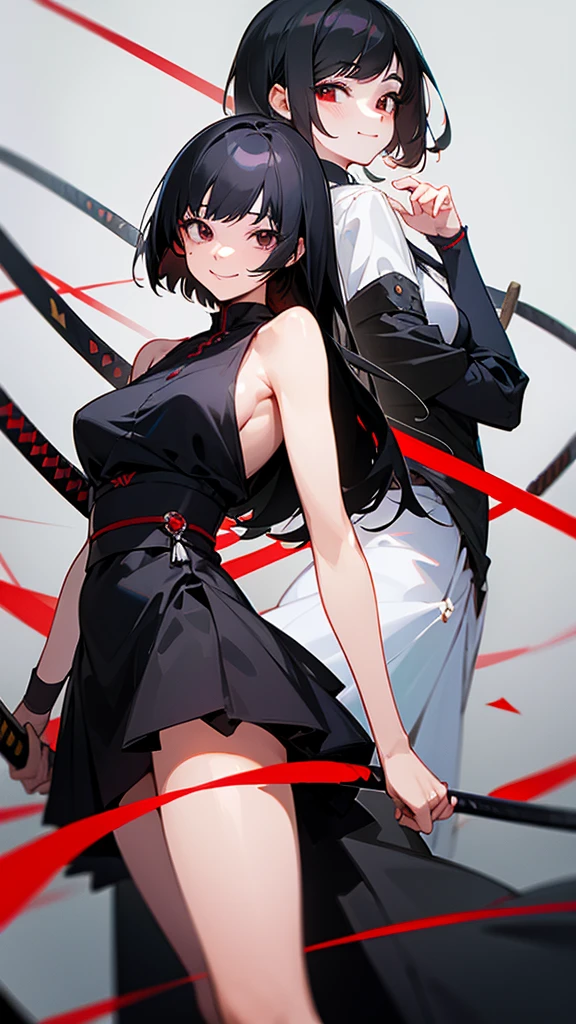 Masterpiece, two women, sixpack, katana, black hair, smile, cute, dress, long hair, short hair, black eyes and red eyes