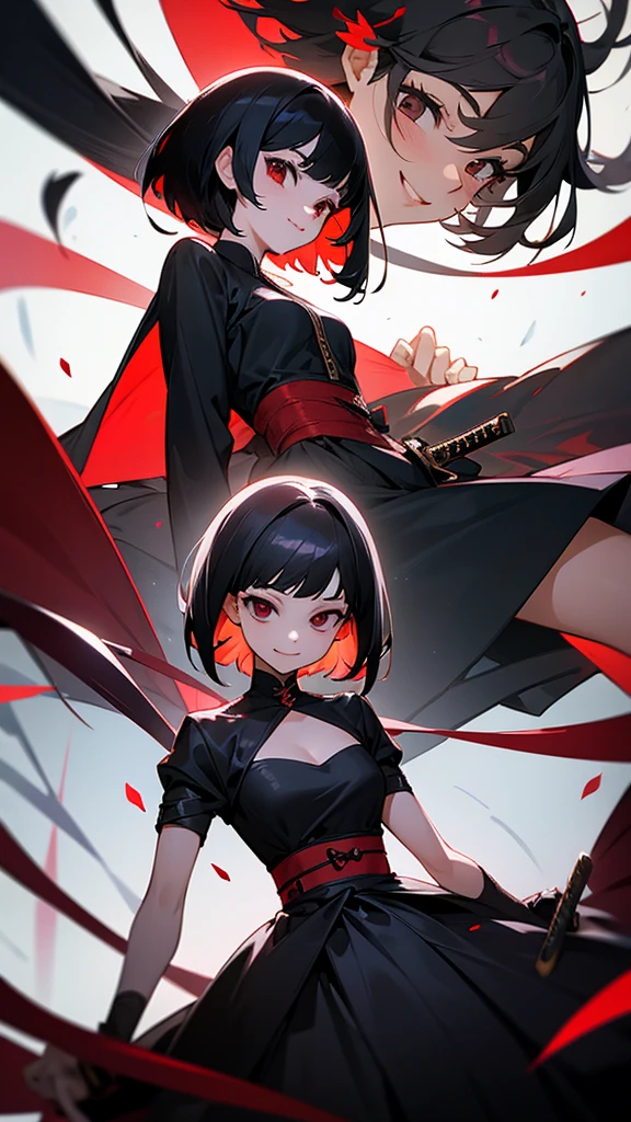 Masterpiece, two women, sixpack, katana, black hair, smile, cute, dress, long hair, short hair, black eyes and red eyes