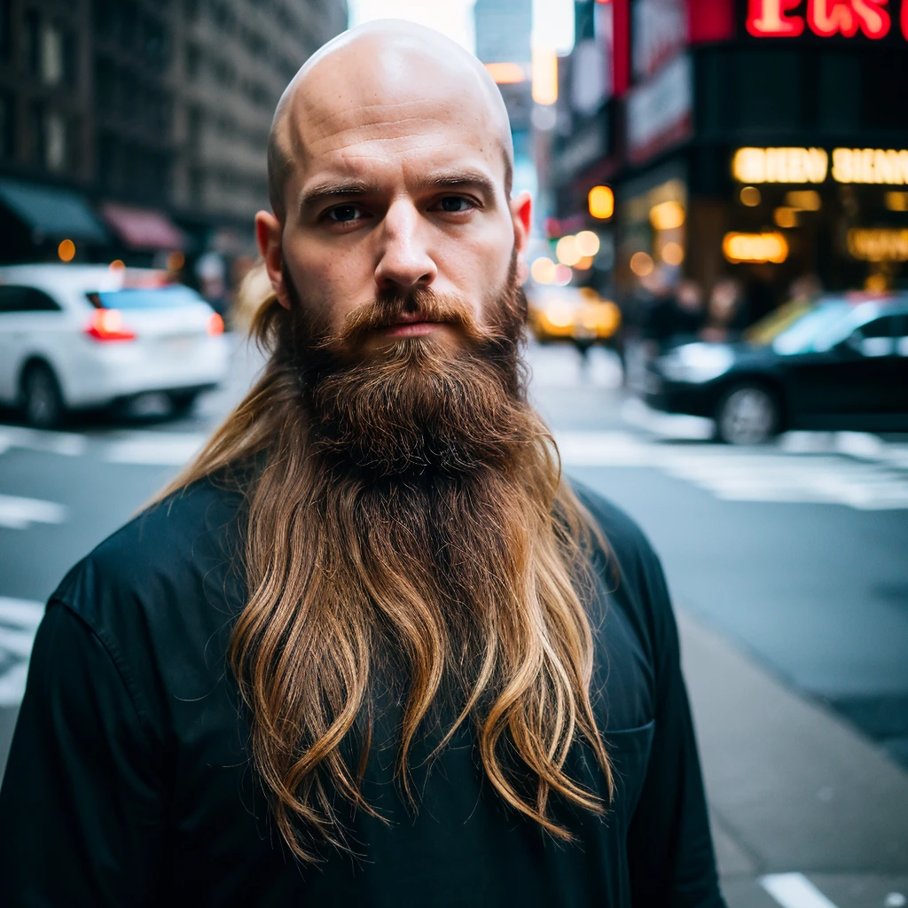 30 year old man. Ultra realistic. 4k. Bald. Bearded. Well dressed. Streets of new York. Head and shoulders. Muscular. Black shirt. Blonde hair. Norwegian heritage 