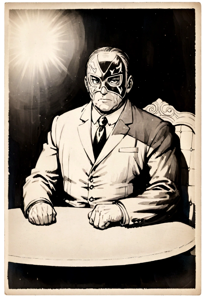 Retro cartoon Illustration of a bulky man wearing a suit and a lucha libre wrestling mask, sitting at a dinner table