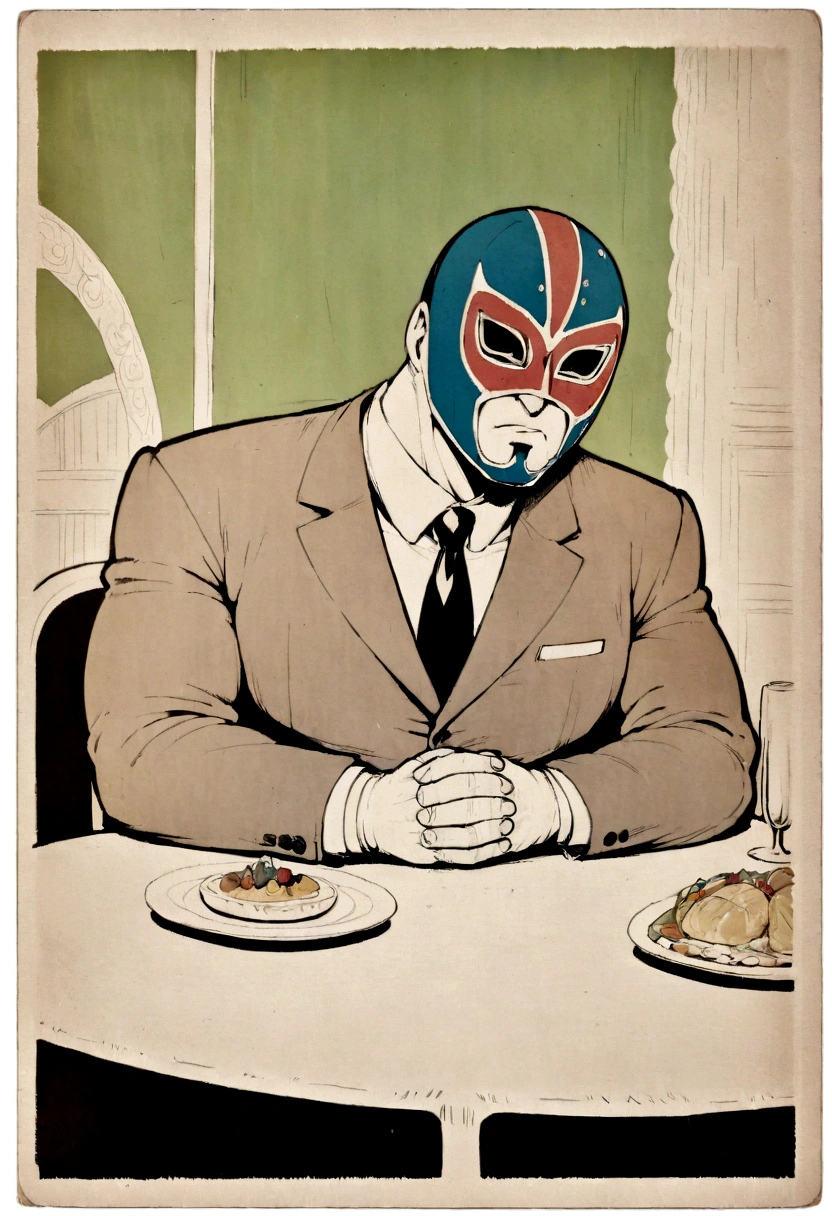 Retro cartoon Illustration of a bulky man wearing a suit and a lucha libre wrestling mask, sitting at a dinner table