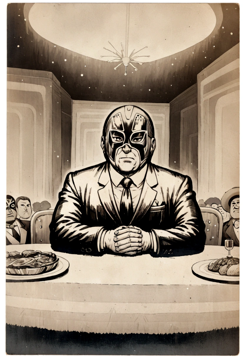Retro cartoon Illustration of a bulky man wearing a suit and a lucha libre wrestling mask, sitting at a dinner table