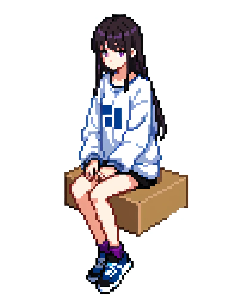 Woman, girl, 20 years old, downtrodden girl, tired girl, confused girl, uncertain posture, long hair, black hair, brown hair. eyes with a transition from blue to purple, dark hair, anime style, 4k image, full body, modern appearance. all the details have been worked out,modern clothes, full-fledged clothes, baggy clothes, cheap clothes, detailed face, lots of details, very detailed, deep, elaborated facial expression, sitting at a computer, in the apartment,