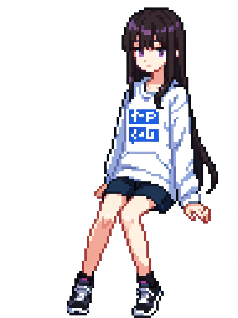 Woman, girl, 20 years old, downtrodden girl, tired girl, confused girl, uncertain posture, long hair, black hair, brown hair. eyes with a transition from blue to purple, dark hair, anime style, 4k image, full body, modern appearance. all the details have been worked out,modern clothes, full-fledged clothes, baggy clothes, cheap clothes, detailed face, lots of details, very detailed, deep, elaborated facial expression, sitting at a computer, in the apartment,