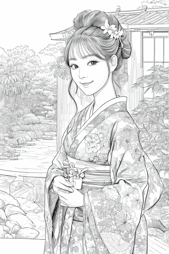 Please create a realistic ukiyo-e illustration of a cute, smiling woman in a kimono that conveys Japanese culture in various poses with (a Japanese garden in the background:1.5), using a simple black and white coloring book that even children can do. The illustration is a illustration with detailed facial features and cartoon-style visuals, (high contrast, sketch, monochrome, clean line drawings for coloring book:1.5)