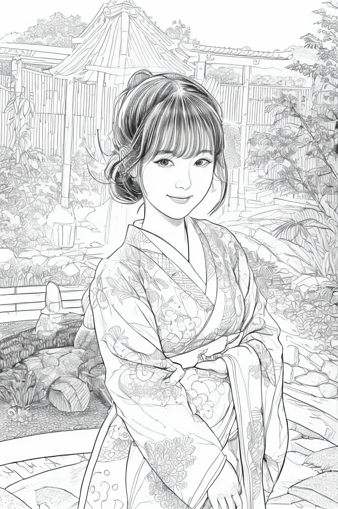 Please create a realistic ukiyo-e illustration of a cute, smiling woman in a kimono that conveys Japanese culture in various poses with (a Japanese garden in the background:1.5), using a simple black and white coloring book that even children can do. The illustration is a illustration with detailed facial features and cartoon-style visuals, (high contrast, sketch, monochrome, clean line drawings for coloring book:1.5)