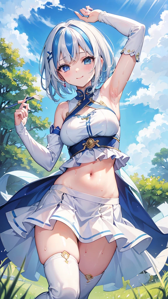 beautiful, masterpiece, Highest quality, anime, One girl, C Cup,Portrait Shot, View your viewers, Intricate details,>,((Covered、Short Hair、nearby、Blue Eyes、art、、White hair,Blue streaked hair、wallpaper、、hairpin、smile、Race Queen、Thigh、Knee-high boots、blue sky、smile、Bright atmosphere、Underskirt、grass、Armpit、Thigh_Sweat、navel、ArmpitSweat、