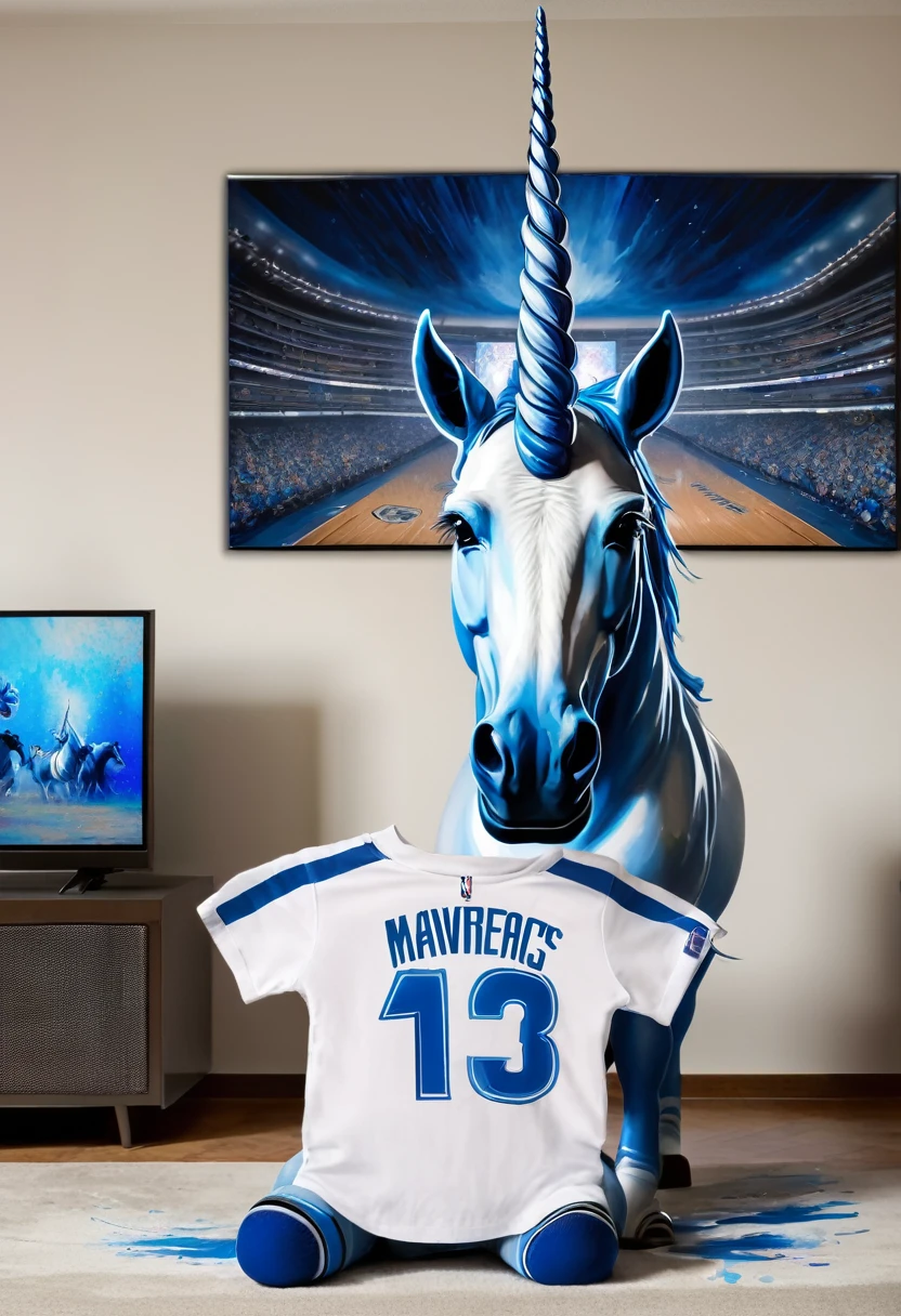 blue unicorn crying, holding Dallas Mavericks shirt, sitting in front of a TV, Dallas Mavericks painting on the wall above the TV