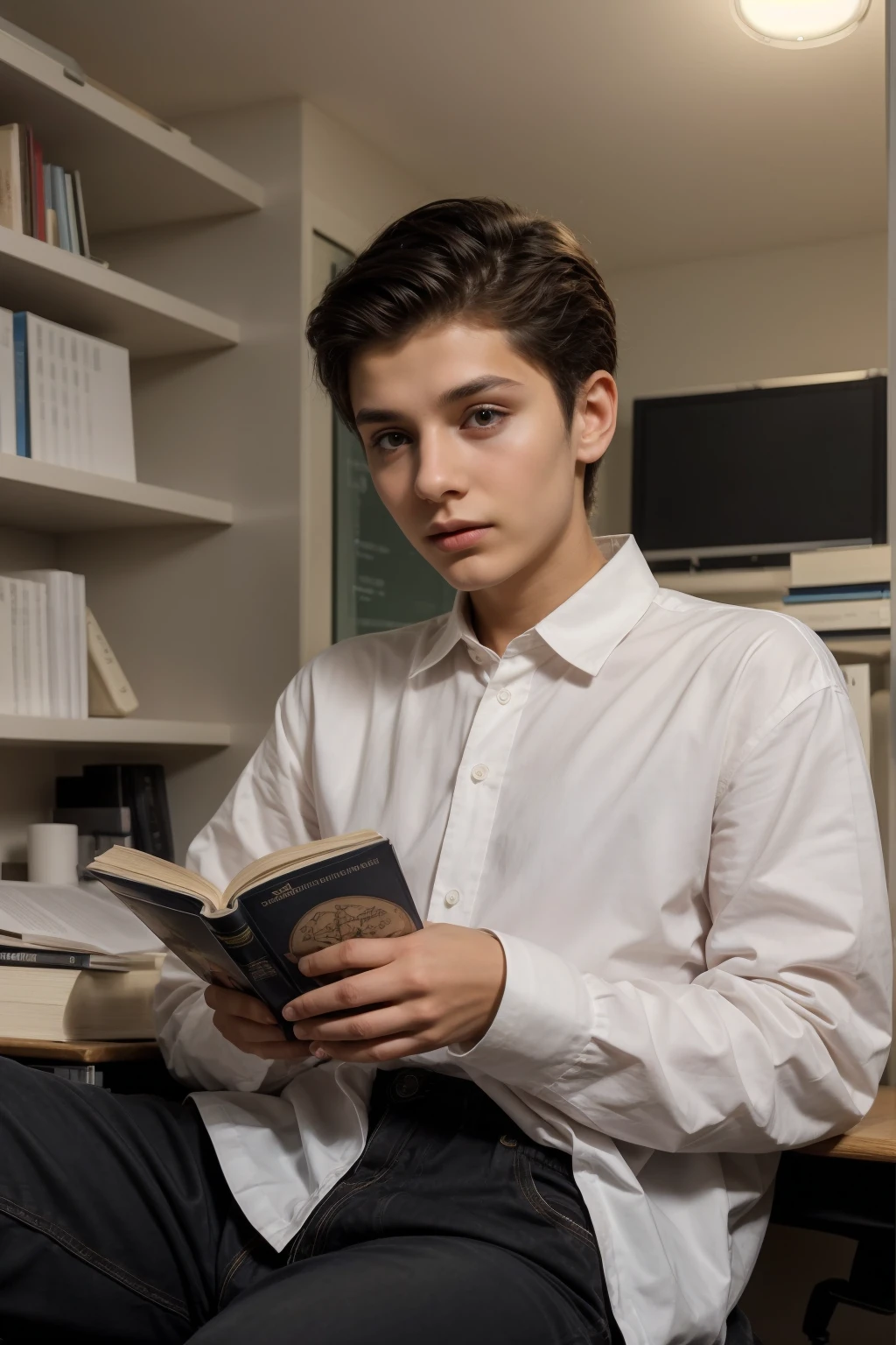 A beautiful young male twink with dark circles under his eyes. He has black hair and a face with makeup. He is wearing a long-sleeved aquamarine shirt and bright white pants. He is in his office, sitting at a study desk, reading a huge book. Behind him is a blackboard with calculus written on it.  And mathematical equations, and radiating neon energy comes out of the blackboard