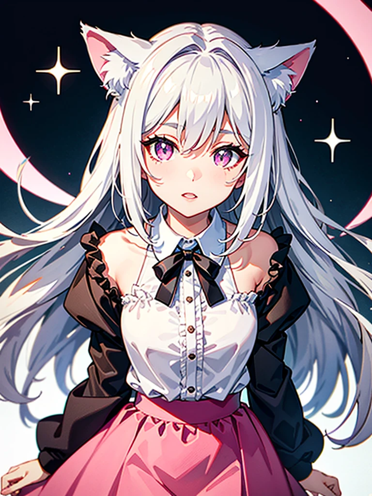 Highly detailed face,fine grain,Sparkling eyes,Highlighted eyes,Medium chest,pretty girl, Longing eyes,Cat ear, Beautiful silver hair,Pink inside,Beautiful pink eyes,Oversized shirt,skirt
