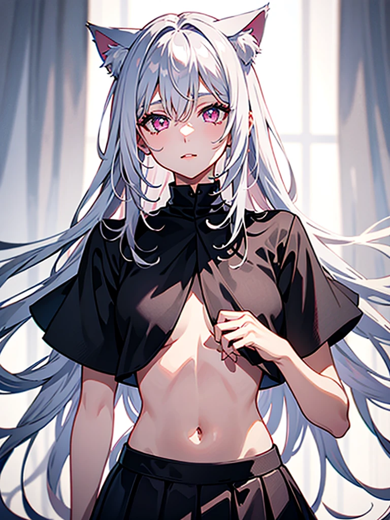 Highly detailed face,fine grain,Sparkling eyes,Highlighted eyes,Medium chest,pretty girl, Longing eyes,Cat ear, Beautiful silver hair,Pink inside,Beautiful pink eyes,Oversized shirt,skirt
