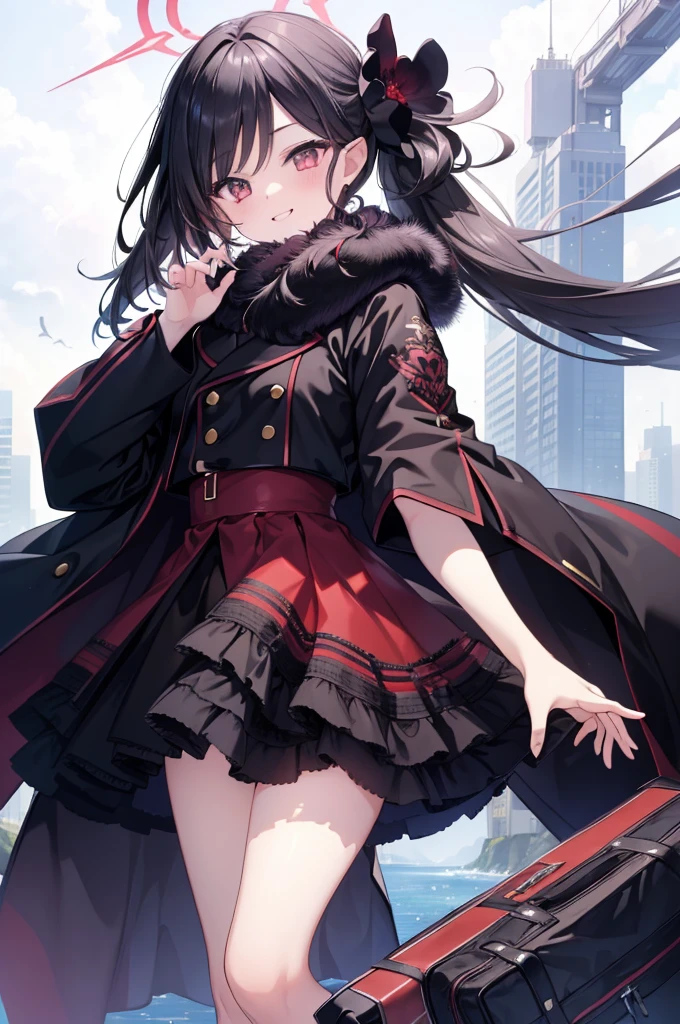 (masterpiece, highest quality, highest quality, (No text), Beautiful and aesthetic:1.2),No text,アニメ、 BREAK,One Girl，Short black hair　Red eyes　Beauty　cool　smile　Black Coat　mini skirt　whole body　Night view
