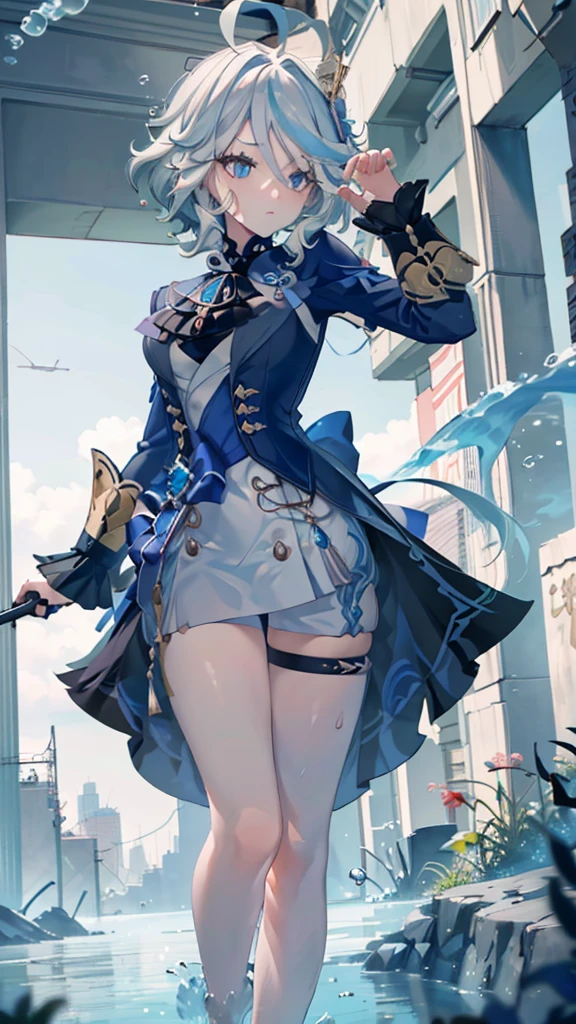 (full body),masterpiece, The best quality at its best, One huge breasted girl, Follina, Genshin Impact, Gray Hair, Blue Hair, Cute big breasts, Tear organ pupil, sad, Clit, Underwater, Air bubbles, big, Fall into oblivion, Abandoned city,Cowboy Shot,Kung Fu Pose,