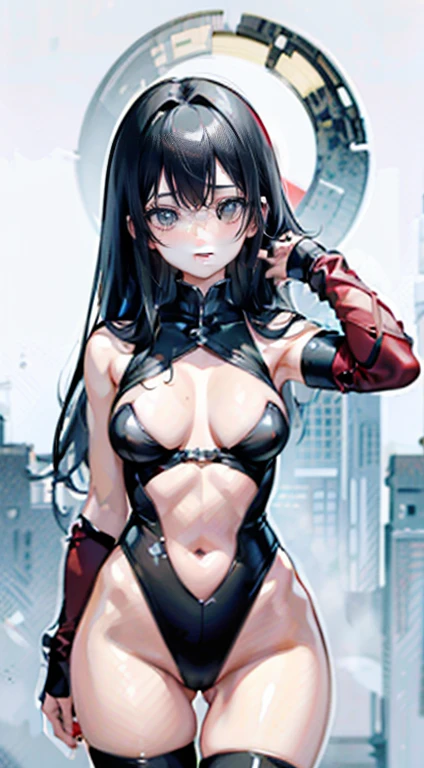(best qualityer,4K,high resolution), 18 years old woman, Red Mesh Hair on Black Hair, Long and straight shiny hair, innocence,sharp eye、Eyes red、small-nose、eyeliner、 disheveled、Luxury black silk babydoll、 face、Place your index finger on your head、BNG、Comic appearance,comic strip,and souls,Illustrates??the deformed cute、Delicately expresses realistic skin texture、Reproduction of muscle texture、White and red contrasting background