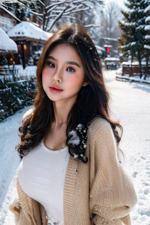 a cute asian baby girl, beautiful detailed eyes, beautiful detailed lips, extremely detailed face, long eyelashes, wearing a cozy cardigan, winter scene, snow falling, warm lighting, soft focus, cinematic, intricate details, digital painting, highly detailed, 8k, photorealistic, masterpiece, vibrant colors, dramatic lighting