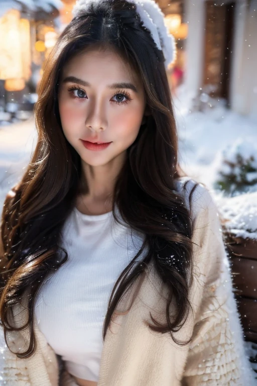 a cute asian baby girl, beautiful detailed eyes, beautiful detailed lips, extremely detailed face, long eyelashes, wearing a cozy cardigan, winter scene, snow falling, warm lighting, soft focus, cinematic, intricate details, digital painting, highly detailed, 8k, photorealistic, masterpiece, vibrant colors, dramatic lighting