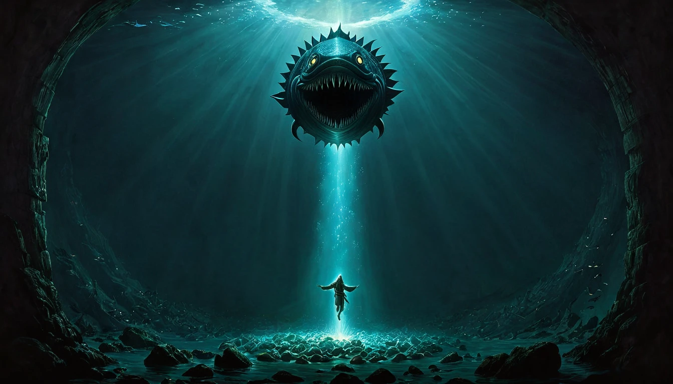 A dual-scene visual that splits between Jonah’s entrapment inside the demonic fish and the aftermath of Jesus’ crucifixion, creating a symbolic link.
Subject: On the left, Jonah is depicted in the belly of the sinister fish, surrounded by darkness and glowing, evil elements. On the right, Jesus is depicted in a tomb, with the stone rolled away and a faint, divine light emanating from within. A visual connection, like a spectral line or glow, should link the two scenes to symbolize the comparison Jesus made.
Atmosphere: Symbolic and reflective, with a balanced use of darkness and light to highlight the parallel between Jonah’s and Jesus’ experiences, suggesting deeper spiritual implications.
