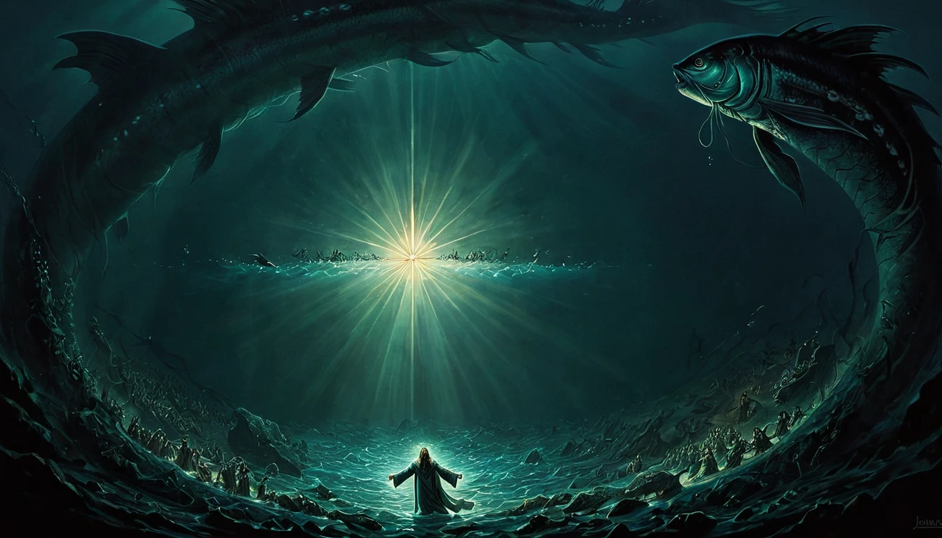 A dual-scene visual that splits between Jonah’s entrapment inside the demonic fish and the aftermath of Jesus’ crucifixion, creating a symbolic link.
Subject: On the left, Jonah is depicted in the belly of the sinister fish, surrounded by darkness and glowing, evil elements. On the right, Jesus is depicted in a tomb, with the stone rolled away and a faint, divine light emanating from within. A visual connection, like a spectral line or glow, should link the two scenes to symbolize the comparison Jesus made.
Atmosphere: Symbolic and reflective, with a balanced use of darkness and light to highlight the parallel between Jonah’s and Jesus’ experiences, suggesting deeper spiritual implications.
