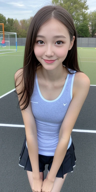 A neat female college student, people, (spats, Play sports often), Outside the playground, (slim), Realistic, detailed, Skin Texture, ultra detailed, Delicate and sexy collarbone, smile, super detaileded face, detaileded lips, detaileded eyes, small breasts, small, small breasts, small, flat breasts, flat、Sideide、Sweaty、Erect nipples、Crisp pubic area