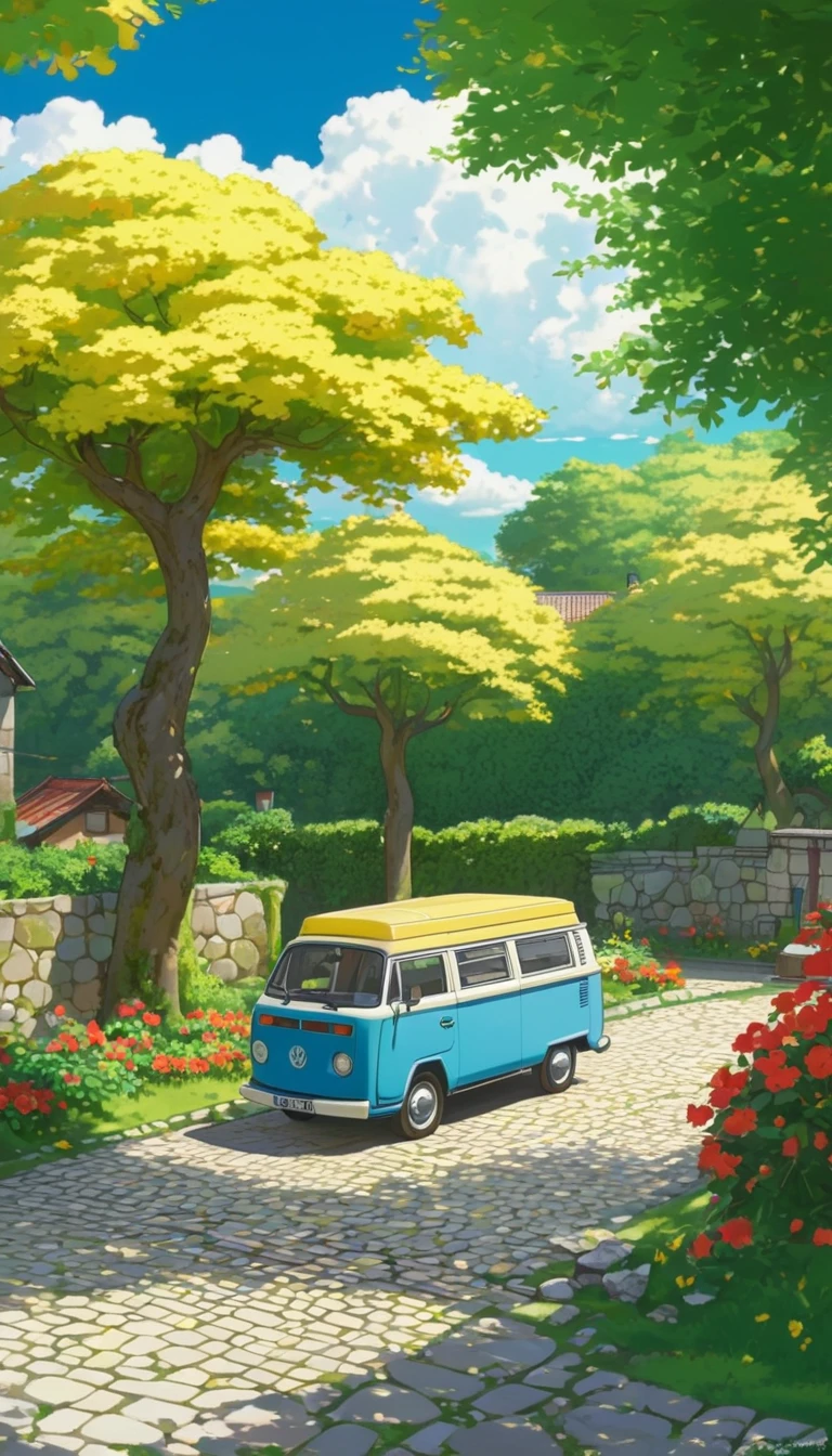 Create an image of a serene, sunlit rural scene in a detailed, vibrant anime style. The setting features a classic yellow Volkswagen van parked on a stone-paved courtyard with small grass betwen stones, surrounded by pushes and trees, shadow in tree leaves and clouds, and yellow flower in trees and red flowers in bushes. The background showcases quaint houses with red-tiled roofs, partially obscured by trees. The sky is a brilliant blue, dotted with fluffy, white clouds. The overall atmosphere is peaceful and nostalgic, evoking a warm summer day.