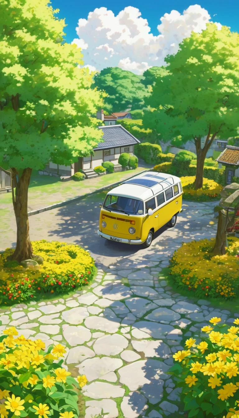Create an image of a serene, sunlit rural scene in a detailed, vibrant anime style. The setting features a classic yellow Volkswagen van parked on a stone-paved courtyard with small grass betwen stones, surrounded by pushes and trees, shadow in tree leaves and clouds, and yellow flower in trees and red flowers in bushes. The background showcases quaint houses with red-tiled roofs, partially obscured by trees. The sky is a brilliant blue, dotted with fluffy, white clouds. The overall atmosphere is peaceful and nostalgic, evoking a warm summer day.

