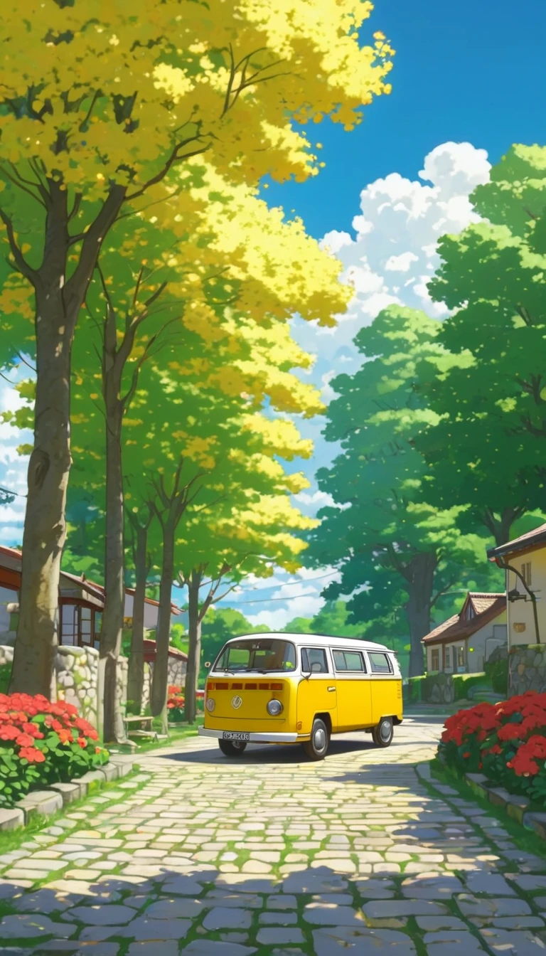 Create an image of a serene, sunlit rural scene in a detailed, vibrant anime style. The setting features a classic yellow Volkswagen van parked on a stone-paved courtyard with small grass betwen stones, surrounded by pushes and trees, shadow in tree leaves and clouds, and yellow flower in trees and red flowers in bushes. The background showcases quaint houses with red-tiled roofs, partially obscured by trees. The sky is a brilliant blue, dotted with fluffy, white clouds. The overall atmosphere is peaceful and nostalgic, evoking a warm summer day.