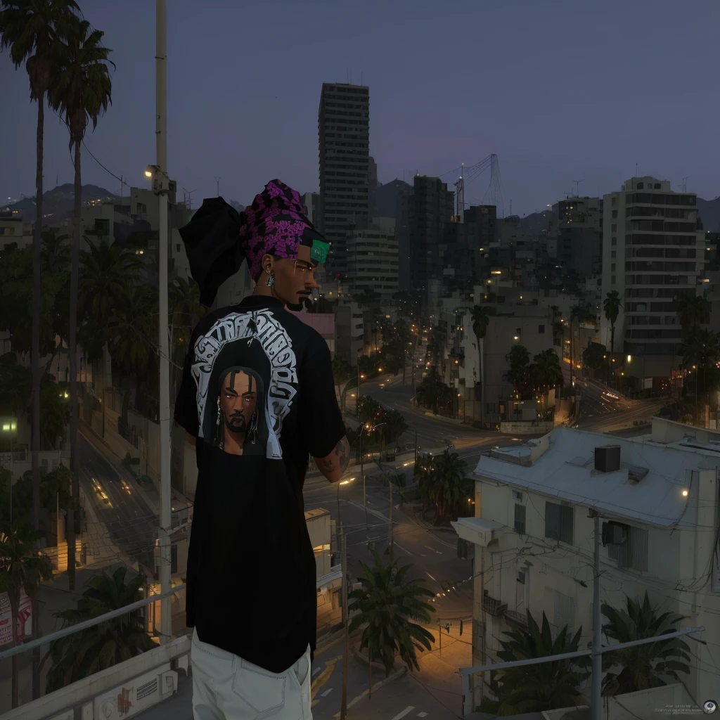 araffes em pé em uma varanda com vista para uma cidade à noite, gta v street style, Snoop Dogg no GTa V, inspired by L. a. ring, GTA5 style, ariana grande in gta v, naruto no gta v, with a city in the background, gta v game screenshot, como um personagem do GTaV, web capture do gta v, web capture do gta 5