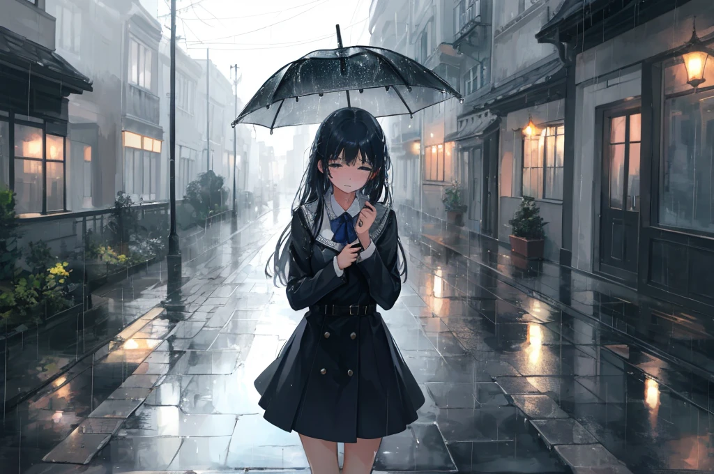 Create a high quality illustration of a beautiful girl crying in the rain, Surrounded by a nostalgic and fantastic atmosphere, pay close attention to detail. Imagine a girl standing in the rain., Her tears mix with the drops falling from the sky. Capturing a nostalgic atmosphere, Evokes feelings of melancholy and longing. Pay attention to detail, The light reflected in the raindrops and the girl&#39;s subtle expression. Aim for a composition that conveys the beauty and emotion of the scene, It invites the viewer into a world where emotions blend with natural elements.. Highest quality, masterpiece