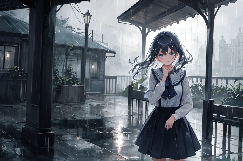 Create a high quality illustration of a beautiful girl crying in the rain, Surrounded by a nostalgic and fantastic atmosphere, pay close attention to detail. Imagine a girl standing in the rain., Her tears mix with the drops falling from the sky. Capturing a nostalgic atmosphere, Evokes feelings of melancholy and longing. Pay attention to detail, The light reflected in the raindrops and the girl's subtle expression. Aim for a composition that conveys the beauty and emotion of the scene, It invites the viewer into a world where emotions blend with natural elements.. Highest quality, masterpiece