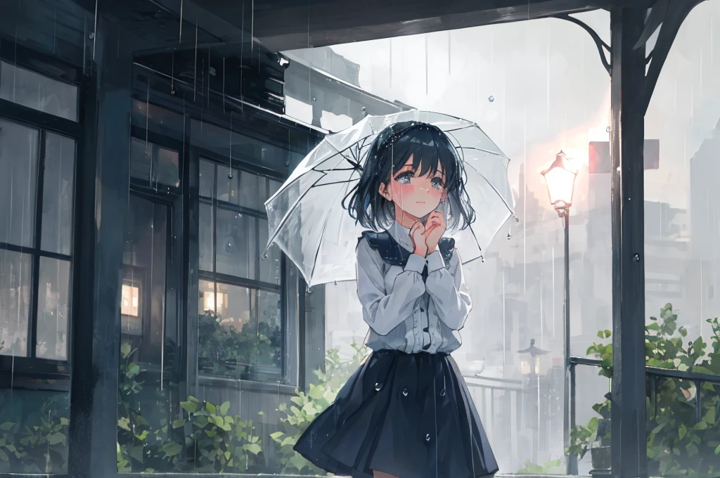 Create a high quality illustration of a beautiful girl crying in the rain, Surrounded by a nostalgic and fantastic atmosphere, pay close attention to detail. Imagine a girl standing in the rain., Her tears mix with the drops falling from the sky. Capturing a nostalgic atmosphere, Evokes feelings of melancholy and longing. Pay attention to detail, The light reflected in the raindrops and the girl&#39;s subtle expression. Aim for a composition that conveys the beauty and emotion of the scene, It invites the viewer into a world where emotions blend with natural elements.. Highest quality, masterpiece