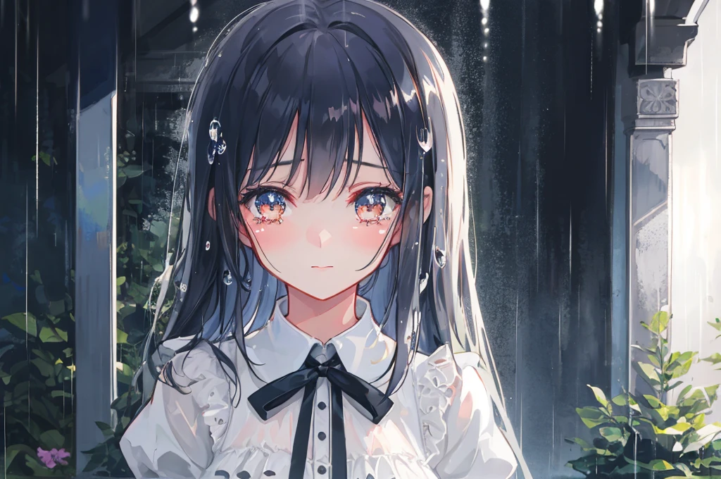 Create a high quality illustration of a beautiful girl crying in the rain, Surrounded by a nostalgic and fantastic atmosphere, pay close attention to detail. Imagine a girl standing in the rain., Her tears mix with the drops falling from the sky. Capturing a nostalgic atmosphere, Evokes feelings of melancholy and longing. Pay attention to detail, The light reflected in the raindrops and the girl's subtle expression. Aim for a composition that conveys the beauty and emotion of the scene, It invites the viewer into a world where emotions blend with natural elements.. Highest quality, masterpiece