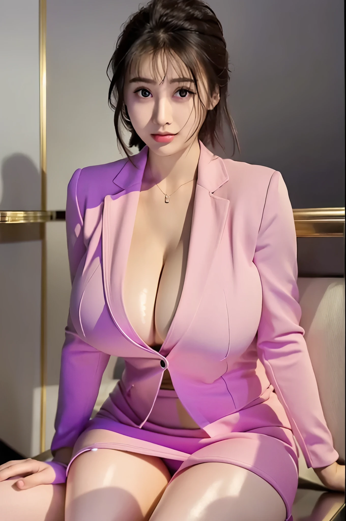 masterpiece:1.3), (High resolution:1.1), Detailed beautiful face, Detailed beautiful, (huge breasts, gigantic breasts:1.4 arafed asian woman in a purple suit sitting on a white bathtub, generous cleavage open jacket, wearing tight suit, gorgeous young korean woman, in strict suit, gorgeous chinese model, korean woman, beautiful south korean woman, korean girl, with a business suit on, wearing business suit, in a strict suit, wearing a strict business suit, cleavage
