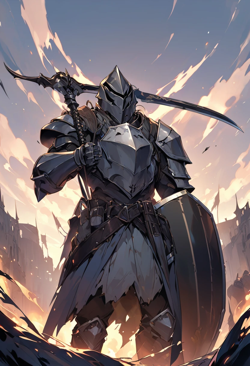 Cat knight standing alone sword facing diwn scythe on the back and shield on the left arm