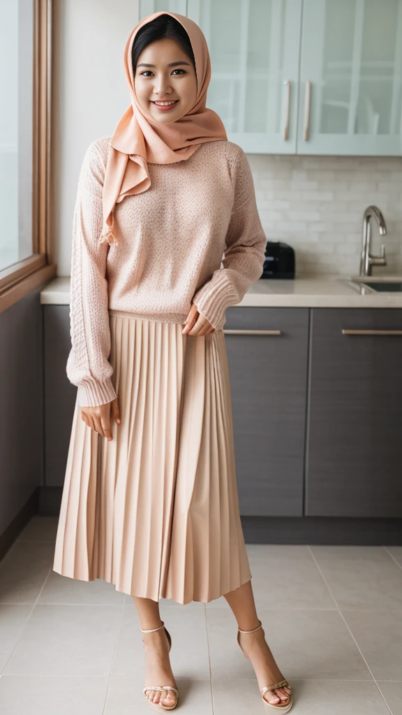 Full shot, full body portrait, tall background, high detail, high resolution, an Indonesian young man standing in a kitchen, white skin, fair skin, detailed face features, blush cheeks, peach lips, matte lips, perfect face, perfect body, perfect hands, perfect feet, wearing a pashmina hijab, perfect hijab, wearing loose knitted sweater, knitted sweater, perfect sweater, wearing a  long pleated skirt, long skirted, perfect skirt, wearing sandals, perfect sandals, feminine pose, cute expression, cute smile, face looking at viewer, body facing at viewer, bright light, morning sunshine