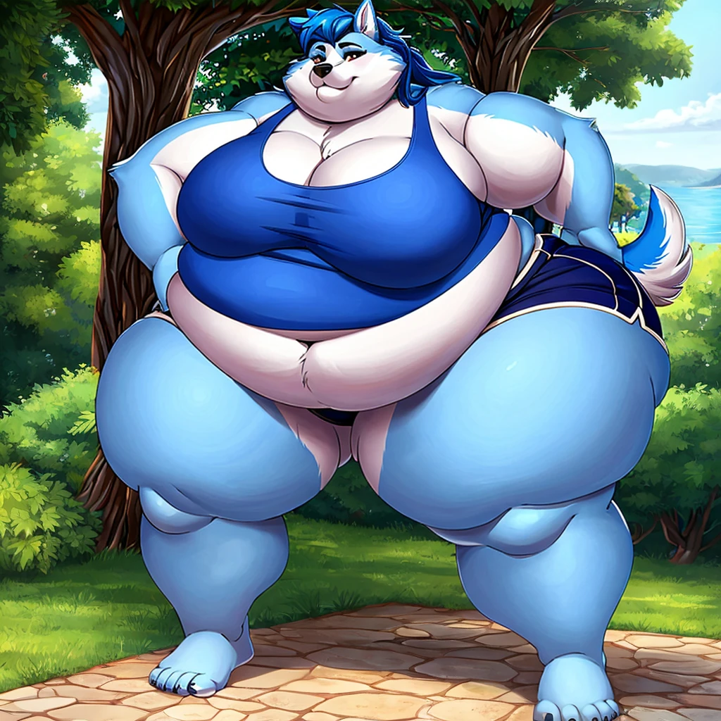 Malamute, female, long blue hair, black and blue body,, huge hips, huge thighs, plump, voluptuous,obese, gorgeous, beautiful, eyelashes, tank top, shorts,fat arms, fat legs, belly rolls, fat rolls, hip fat rolls, double chin, chubby cheeks , barefoot ,big saggy breasts