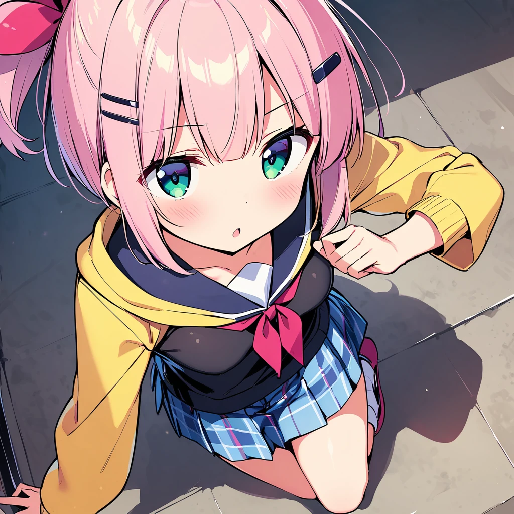 (madhikado mazoku,chiyoda momo,1girl,solo,pink hair,hairclip,hair ornament,green eyes,medium hair,small breasts,,yellow hoodie over ,plaid skirt,blue skirt,pink hair clip,bob cut), from above, Giant Tai Chi, 1 girl, (cellphone), black Clothes, absurdres, highres,