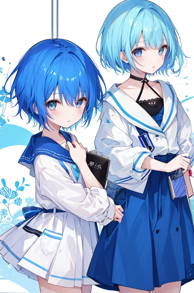 Girl、Blue hair short、Feminine fashion