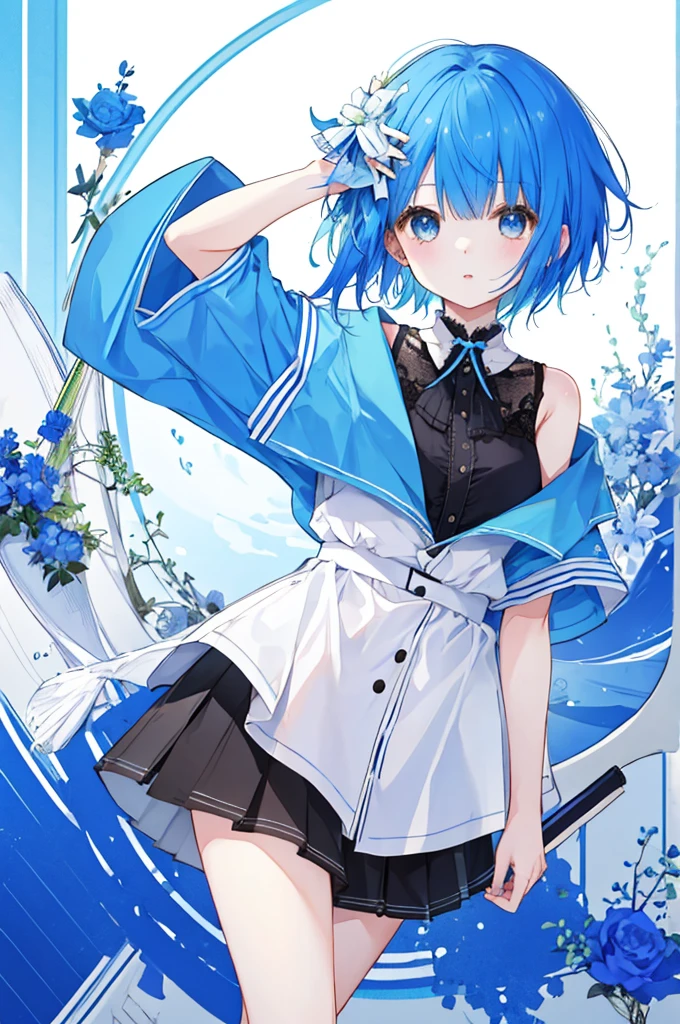 Girl、Blue hair short、bikini、Embarrassed