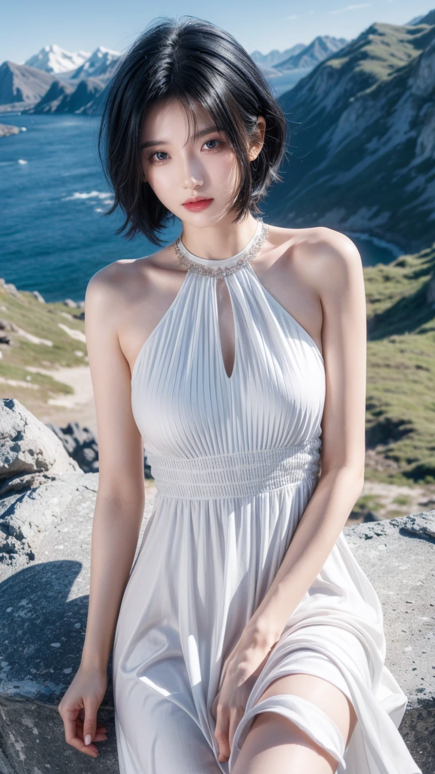 best quality, 1 Girl, dark blue hair, black eyes, Very short hair, Spiky hair, wears sweet white dress luxury,A cropped dress, 171 cm, Messy hair, Hair between the eyes, Tomboy, aldult, 20 years old, A sweet girl by the mountain