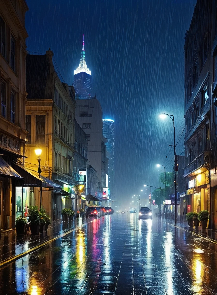 Beautiful night view of the city in the rain